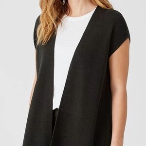 Eileen Fisher Black Open Front Sleeveless Cardigan  Women's Petite Medium